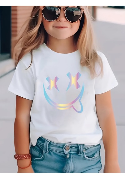 Uyguntarz Çocuk Emoji Hologram Baskılı Pamuklu Tshirt Beyaz
