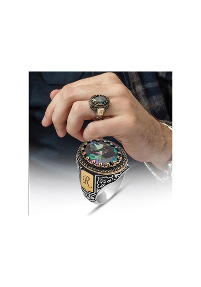 Oval Mistik Topaz Taşlı Harfli 925 Gümüş Erkek Yüzük