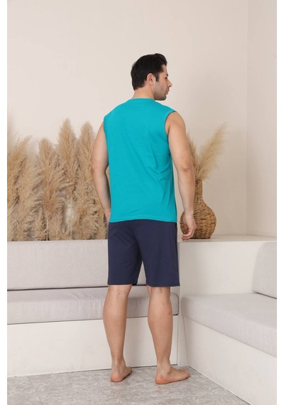 Seboteks %100 Pamuklu Kolsuz Cepli Erkek Şortlu Pijama Takımı 2011 Turkuaz