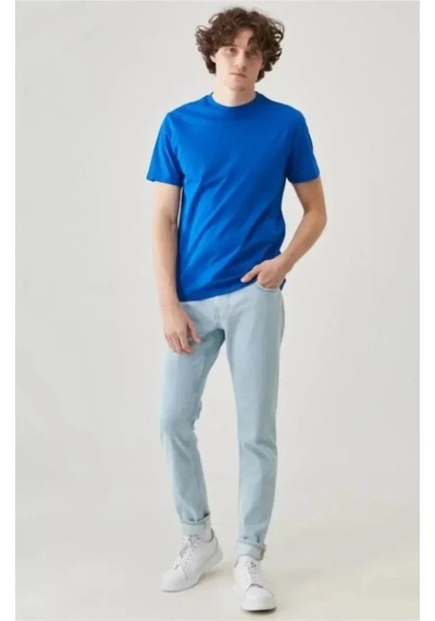 Yake Store Unisex Düz Biskilet Yaka Oversize T-shirt - Mavi - Mavi Lacivert