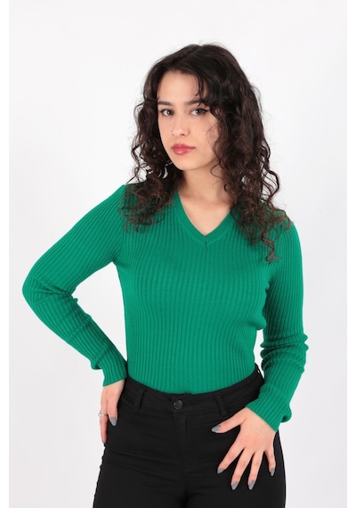 Fashion Friends 23k0289k1 Kadın V Yaka Kazak 23K0289K1-R1938 Yeşil
