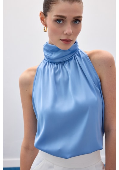 Sateen Boğazlı Kolsuz Bluz - Mavi-136545 Mavi