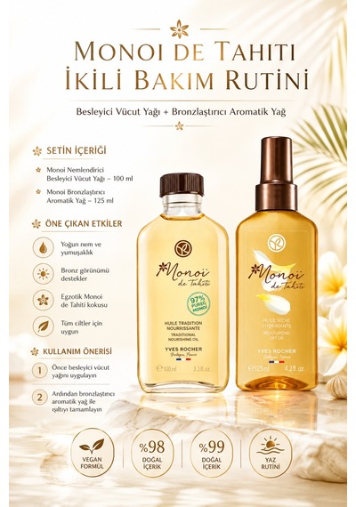 Monoi Bronzlaştırıcı Kuru Yağ 125 Ml Ve Besleyici Vücut Yağı 100 Ml Set Yoğun Nem Ve Tropikal Bakım
