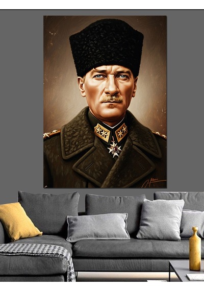 Askeri Kabanlı Mustafa Kemal Atatürk Dekoratif Kanvas - Mdf Ahşap Tablo
