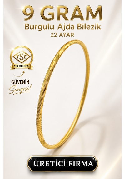 22 Ayar Tse Belgeli 9 Gram Burgulu Ajda Altın Bilezik İşçiliksiz