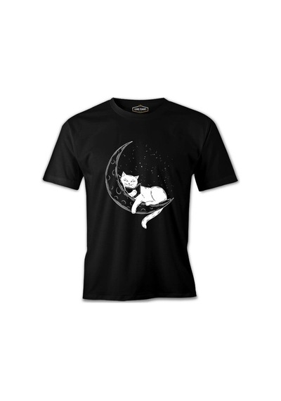 Black Cat Reading On The Moon Siyah Erkek Tshirt 001
