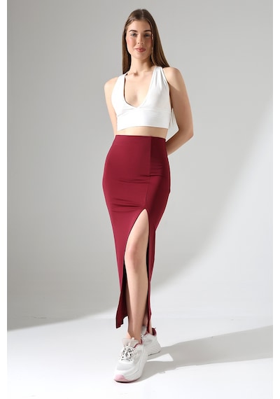 Winmoda34 Kadın Önden Derin Yırtmaçlı Dalgıç Etek Full Likralı Maxi Boy 92 Cm Bordo