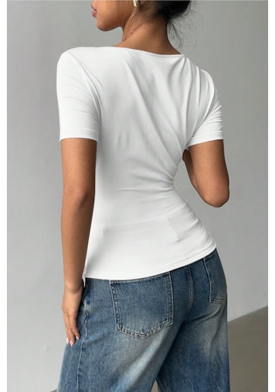 Kadın Çapraz Yaka Kısa Kollu Slim Fit Bluz Beyaz