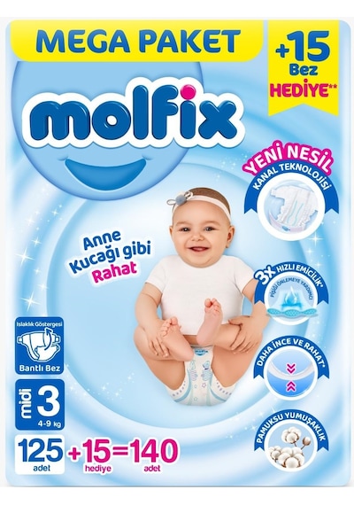 Molfix Bebek Bezi Beden:3 4-9kg Midi 140 Adet Pk Mega Pk 3 Numara
