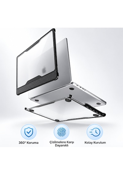 MacBook Air 13.3" A2337 M1 A2179 A1932 Uyumlu Hard Case Sert Kapak, Şeffaf Rugged Bumper Koruyucu Kılıf, Karbon Desenli Darbe ve Çizilme Koruması Siyah