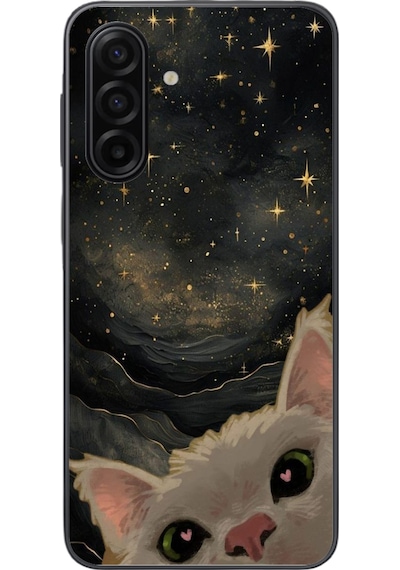 Samsung Galaxy A17 Uyumlu Siyah Gökyüzülü Kedi Baskılı Silikon Kılıf Renkli