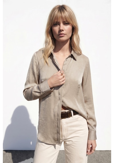 Sateen Gizli Patlı Gömlek - Bej-137598