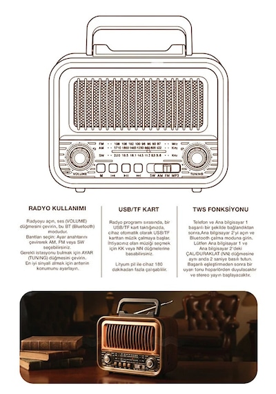 Ahşap Tasarım Retro Nostaljik Hoparlör Şarj Edilebilir Fm/am/sw Bluetooth Radyo
