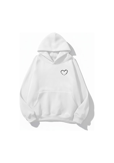 Uyguntarz Unisex Yumuşak Dokulu Cep Kalp Baskılı Tasarım Oversize 3 İplik Hoodie Sweatshirt beyaz