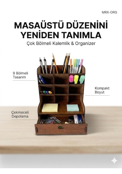 Mrx-org Masaüstü Organizer 9 Bölmeli Kalemlik, Çekmeceli Masa Düzenleyici, Ahşap Ofis Organizer Ceviz
