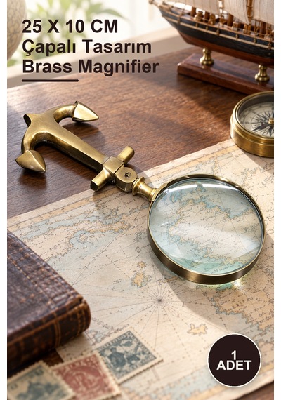 1 Adet Çapalı Pirinç Büyüteç 7682a 25 X 10 Cm Çapalı Tasarım Brass Magnifier