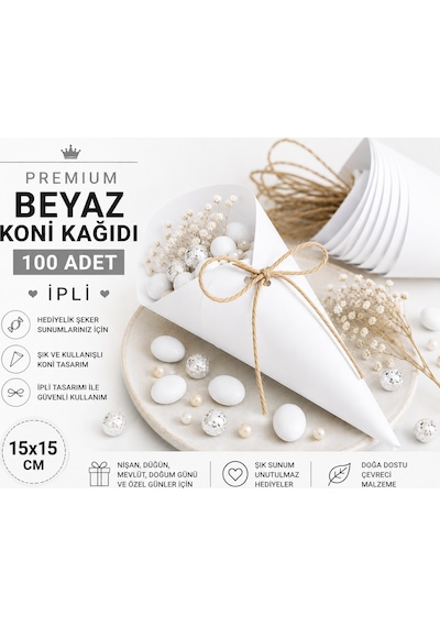 Premium Beyaz Koni Kağıdı 100 Adet İpli Hediyelik İkram Ve Şeker