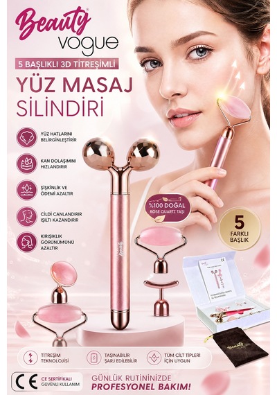 Titreşimli Rose Pembe Quartz Taşı 3d Yüz Masaj Silindiri 5 Başlıklı Cilt Bakım Cihazı Profesyonel Bej