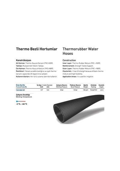 Fırat Thermo Bezli Bahçe Sulama Hortumu 1/2" - 25 Metre, Siyah Renk