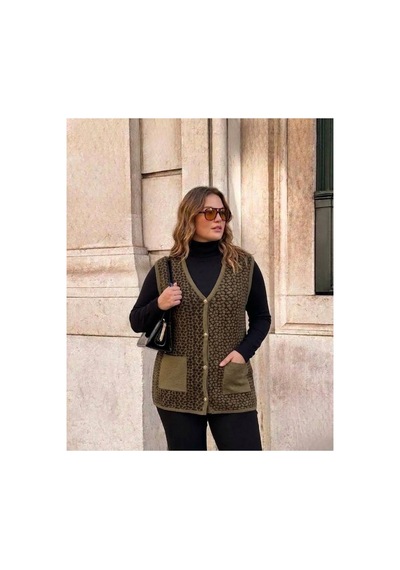 Onno Style Women Çelik Örgü Klasik Leopar Desen Triko Yelek Bej