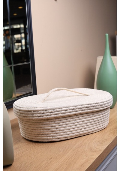 Hasır Jüt Sepet Oval Kapaklı Organizer Düzenleyici 30x20x10 Cm Ekru Ekru