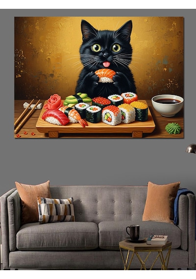 Ahşap Tablo Suşi Yiyen Sevimli Kara Kedi