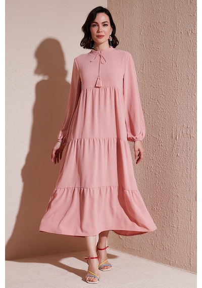 Lela Modest Regular Fit Dik Yaka Uzun Bayan Elbise 611El545 Gül Kurusu