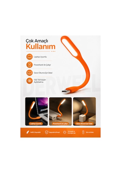 Esnek Usb Led Lamba Powerbank Laptop Ve Pc İçin Taşınabilir Gece Lambası Ve Kitap Okuma Işığı 5 Farklı Renk Seçeneği Mavi Kırmızı Turuncu
