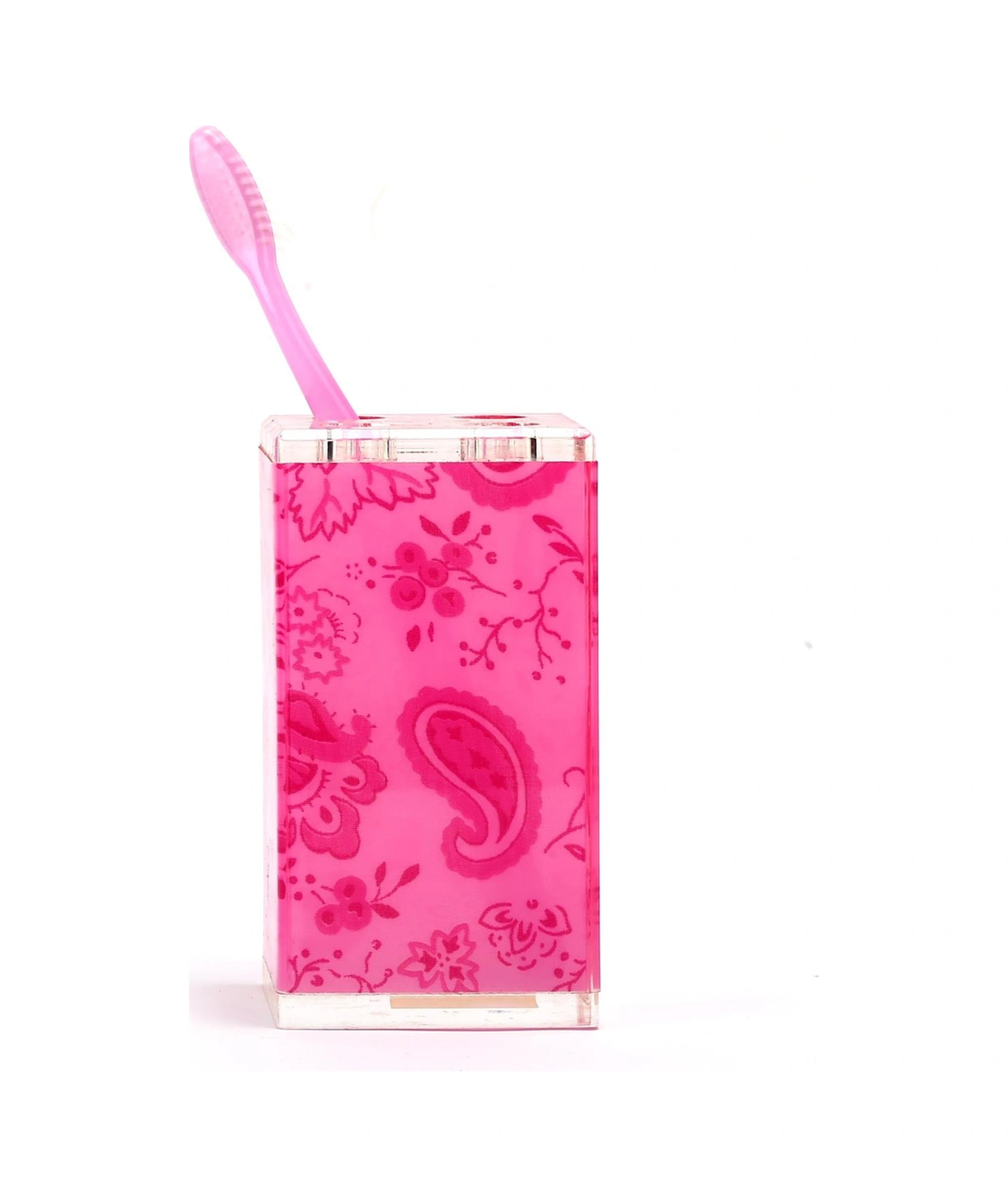 2 Adet Diş Fırçalık Pembe Çiçekli Akrilik 6x6x12cm Banyo Seti Çok Renkli