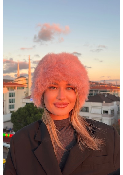 Mollycrush Elit Rus Slav Tarzı Suni Kürklü I Çi Deri Peluş Tüylü Kadın Kalpak Şapka Pembe