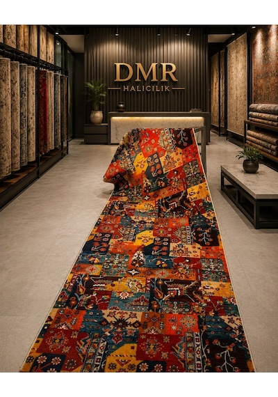 Dmr Halıcılık Klim Desenli Otantik Renkli Modern Kaymaz Taban Salon Hol, Koridor Mutfak Yıkanabilir Jel Kesme Yolluk Kirmizi