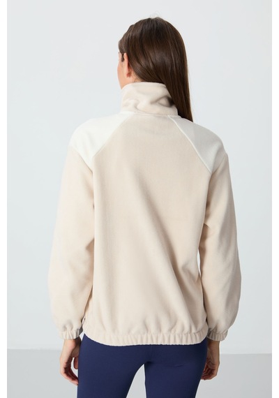 Tommy Life Bej Kalın Yumuşak Dokulu Dik Yaka Oversize Nakışlı Polar Kadın Sweatshirt - 97293 Bej