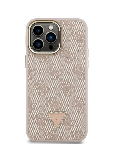 Apple iPhone 14 Pro Max Uyumlu Kılıf Guess Lisanslı Üçgen Logo 4g Desenli Kamera Standlı Kapak Pembe