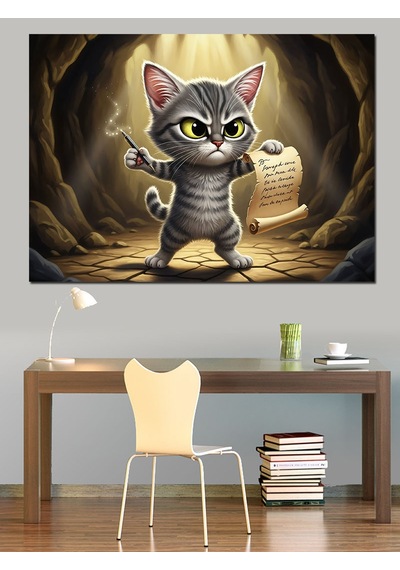 Mağarada Parşömen Tutan Kedi Dekoratif Kanvas - Mdf Ahşap Tablo