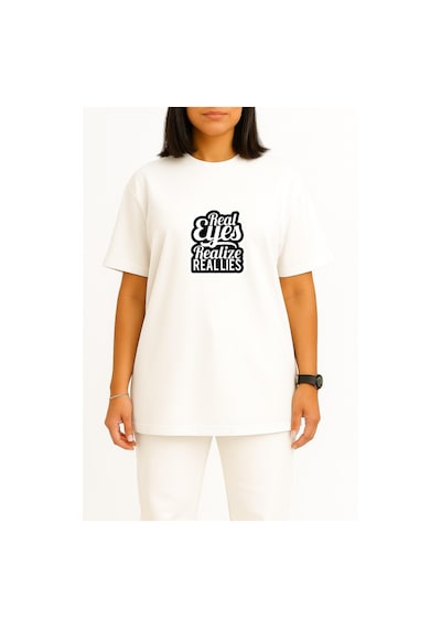 Bahriyeli Collection Oversize Gerçek Gözler Gerçek Yalanları Fark Eder Göğüs Baskılı Unisex T-shirt Beyaz