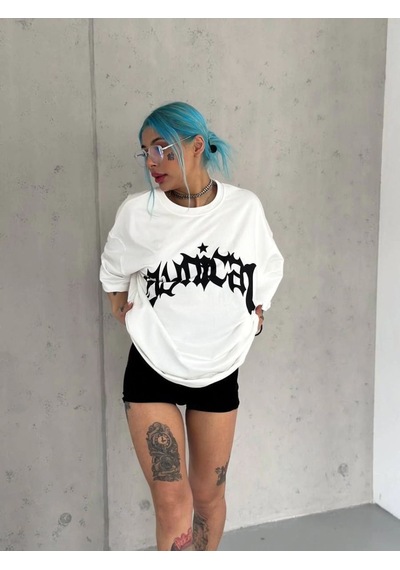 Kadın Baskıkı Bisiklet Yaka T-shirt - Beyaz