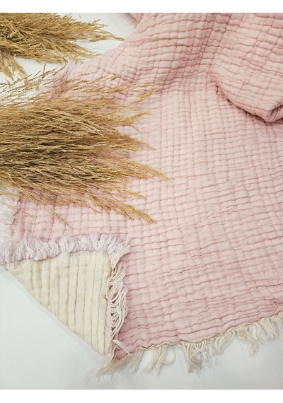 Pembe 7 Katlı Çift Taraflı Dolgulu Çift Kişilik Müslin Battaniye %100 Pamuk 230x240 Cm Pembe