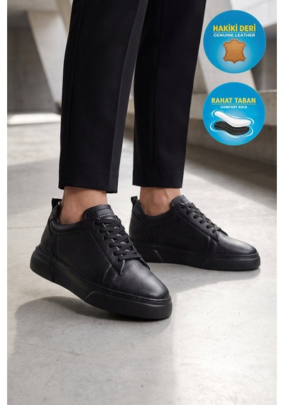 Ayakmod Siyah-siyah Hakiki Deri Bağcıklı Kalın Rahat Tabanlı Erkek Casual Ayakkabı Sneaker 272303
