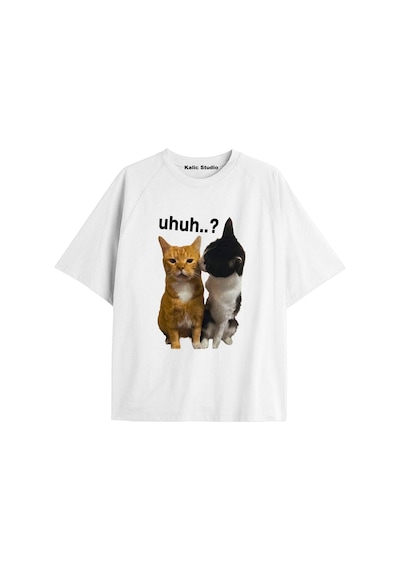Kalic Studio Uhuh Kedi... Vintağe Oversize T-shirt Beyaz Çok Renkli