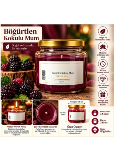 Böğürtlen Kokulu Jel Mum 330 Cc 32 Saat Yanma Süreli Cam Kavanoz Mum Dekoratif Aromalı Mum Beyaz - Kırmızı - Bordo