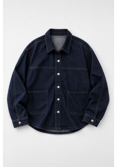 Kadın Gömlek Yaka Oversize Lacivert Jean Ceket Lacıvert