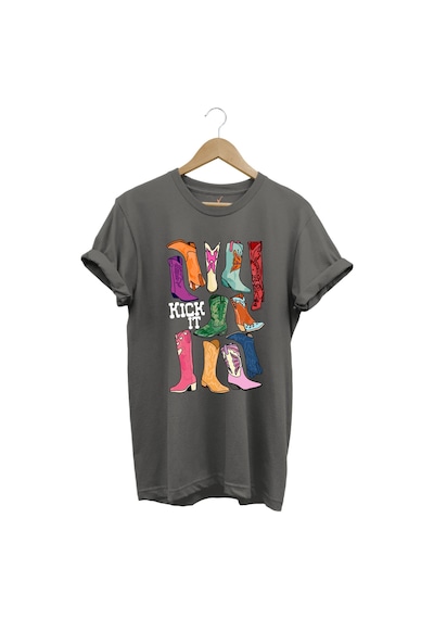 Unisex Cowgirl Kovboy Çizme Baskılı %100 Pamuk Regular Fit Bisiklet Yaka Gri T-shirt Gri