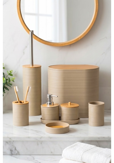 Porsima 4533 8 Parça Banyo Seti - Bambu Kapaklı Çöp Kovası, Sabunluk, Diş Fırçalığı Ve Wc Fırçası Kapicino Açık Kahverengi