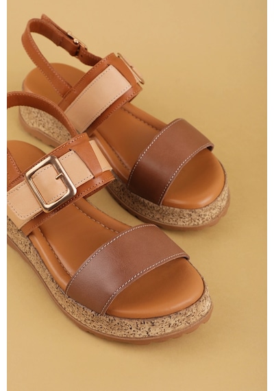 Gondol Kadın Hakiki Deri Kalın Tabanlı Günlük Sandalet İz.5710 Taba
