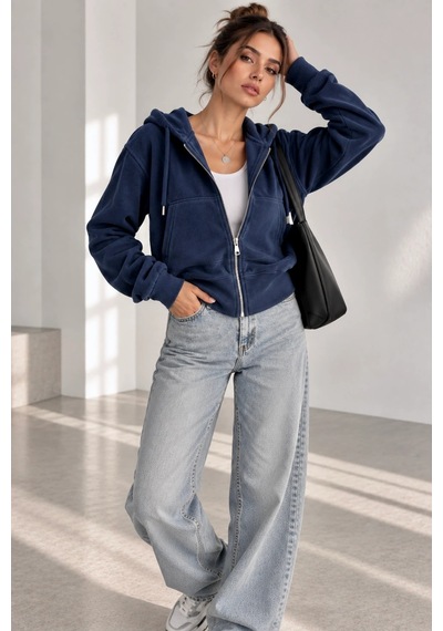 Bb Butik Basic Selanik Dokulu Fermuarlı Kapüşonlu Kadın Sweatshirt My3535 Lacivert