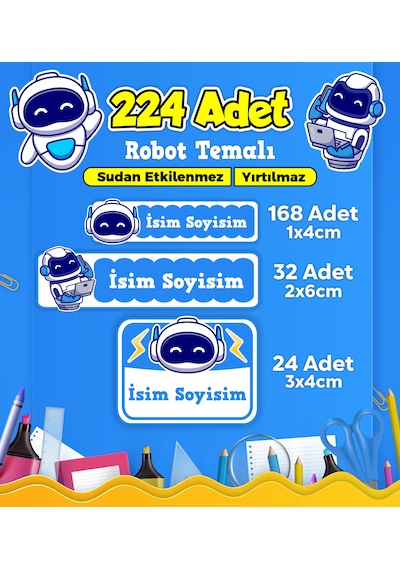 Robot Temalı Okul Kreş Kişiye Özel İsim Etiket Seti - Model 436 Çok Renkli