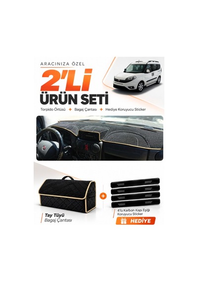 Fiat Doblo 2007-2015 Airbagli Küçük Ekran Uyumlu Torpido Örtüsü + Tay Tüyü Çanta Seti - Siyah Bej