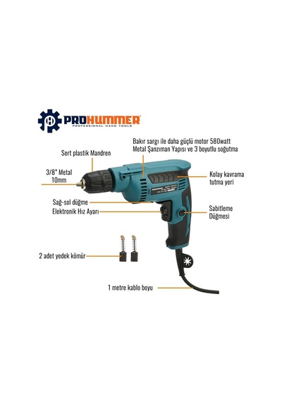 Prohummer Ph002 Elektrikli Darbesiz Vidalama Matkap 10mm 580w Mavi