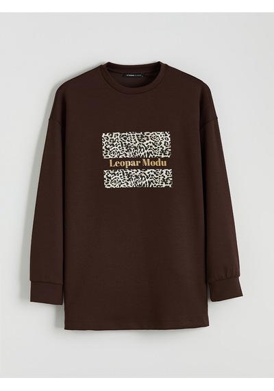 Lcw Everyday Kahverengi Baskılı Oversize Kadın Sweatshirt Tunik