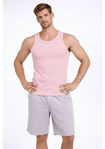 Novalisse Erkek Fitilli Atlet Sıfır Yaka Slim Fit Arka Baskılı Spor Atlet - Pembe Çoklu Renk